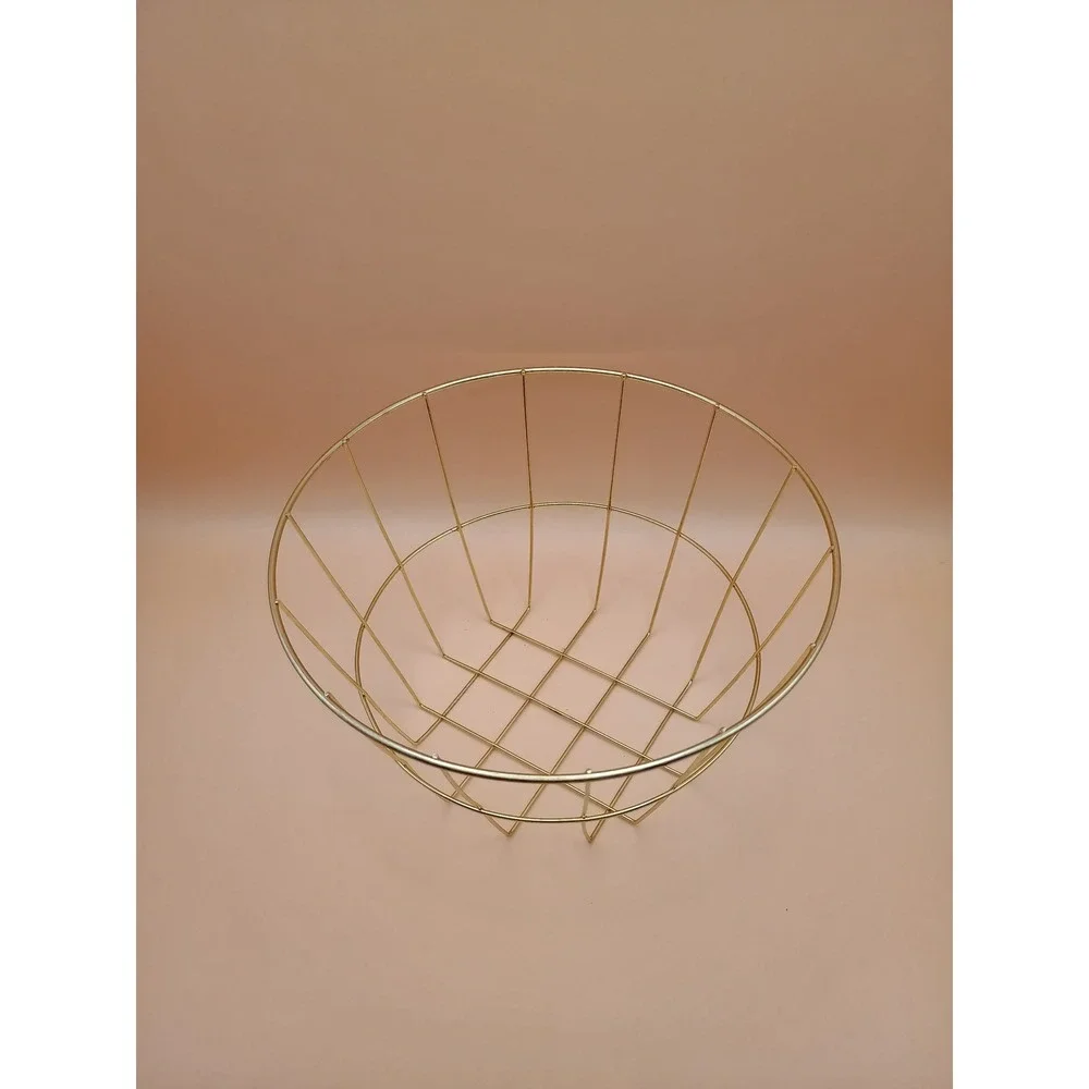 Gold Wire Basket Round Decorative Metal Fruit Bowl Minimalist Storage 8 Inch